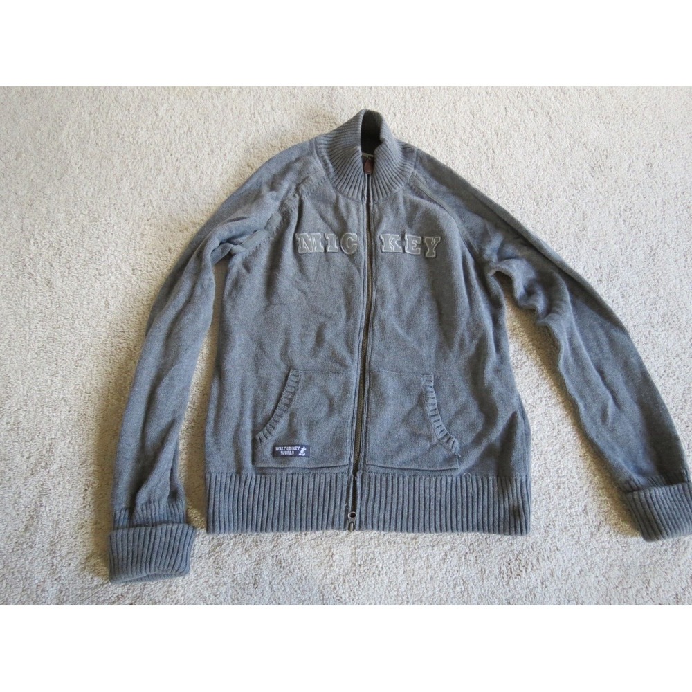 Women's Disney World Mickey Spellout Gray Full Zip Sweater Large Elbow Patch